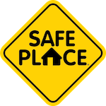 Black and yellow diamond shape indicating the YMCA Safe Place Services sign